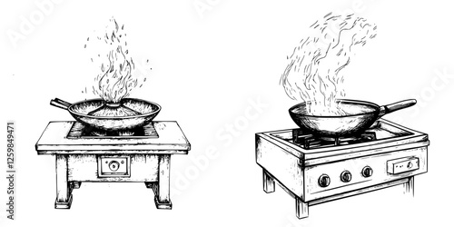 Cooking flames rise from frying pans on stovetops in a busy kitchen setting with various cookware and heat sources