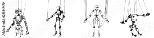 Innovative robot marionettes designed for theatrical performance showcasing intricate movements and modern artistry