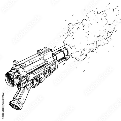 Detailed illustration of a weapon discharging smoke in an artistic style, showcasing design features and firing action