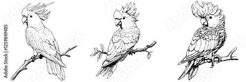 Detailed sketches of three cockatoos perched on branches, showcasing their unique features and plumage patterns