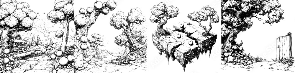 Obraz premium Unique fantasy landscape featuring whimsical trees and rocky terrain in black and white illustration