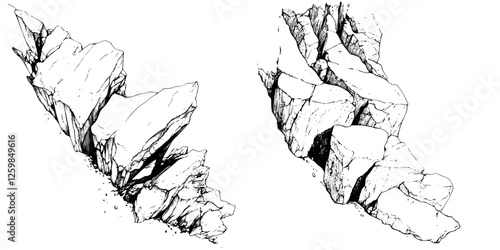 Detailed rendering of cracked rock formations in a natural landscape showing geological features and textures