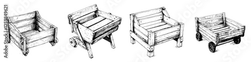 Wooden carts in various designs showcasing craftsmanship and utility in gardening and transport