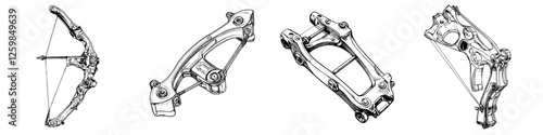 Detailed illustrations of a modern archery bow and its components showcasing design and functionality in precision sport