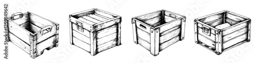 Wooden crates of various styles arranged in a row, showcasing different designs and functionality for storage and transport