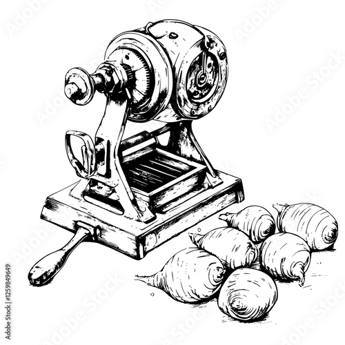 Vintage food processing equipment with root vegetables on a wooden table in a rustic kitchen setting