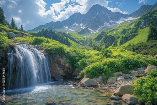 Mountain waterfall summer nature landscape