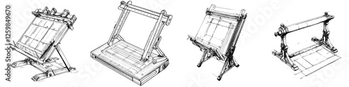 Detailed sketches of an adjustable drafting table in various positions for artistic and technical drawing applications