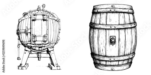Vintage wooden barrels showcasing craftsmanship for storage and aging in a rustic setting