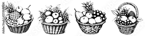 Baskets filled with assorted fruits displayed in a vintage style illustration showcasing various fruits and arrangements