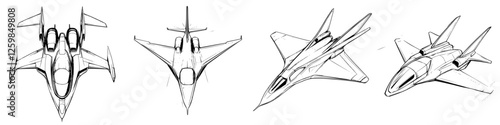 Detailed sketches of various jet designs showcasing aerodynamics and innovative features from multiple angles