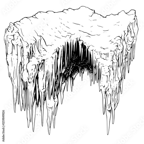 Detailed black and white illustration of an icy formation with sharp stalactite-like features and textured surfaces