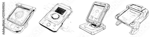 Sketch of four futuristic devices showcasing advanced technology designs and innovative functionality for various applications