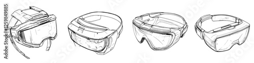 Sketches of futuristic head-mounted display designs showcasing various styles and features for enhanced virtual experiences