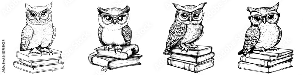 custom made wallpaper toronto digitalHand-drawn vector illustration of four owls perched on stacked books in a whimsical, artistic style