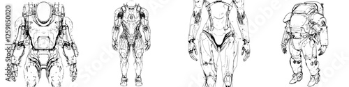 Futuristic robotic suits designed for exploration and advanced technology applications in various environments