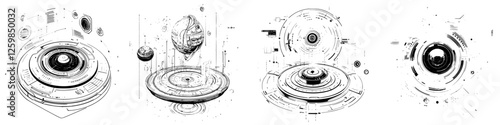 Futuristic abstract illustrations of orbits and celestial bodies with intricate details and ethereal designs