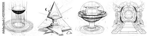 Design concepts of futuristic artifacts with geometric shapes and intricate details in a digital style