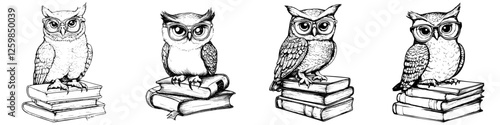 Wallpaper Mural Hand-drawn vector illustration of four owls perched on stacked books in a whimsical, artistic style Torontodigital.ca