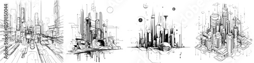 Futuristic cityscapes displayed through intricate sketches showcasing towering structures and advanced technology