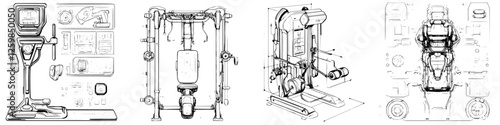 Collection of fitness machine sketches showing varied workout equipment for strength training