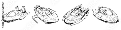 Vector illustration of futuristic spacecrafts in hand-drawn style showcasing innovative design and technology