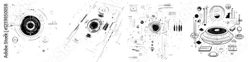 Futuristic illustrations of black holes and cosmic elements in abstract designs depicting interstellar phenomena