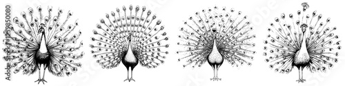Elegant peacocks displaying their plumage in a hand-drawn vector style illustration showcasing beauty and grace