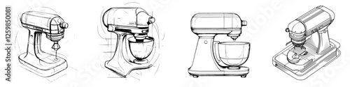 Hand-drawn vector illustration series of a kitchen mixer showing design evolution and functionality