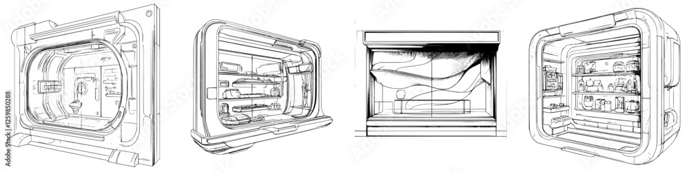 Unique hand-drawn vector illustration showcasing futuristic room designs with modern furniture and decor elements Unique hand-drawn vector illustration showcasing futuristic room designs with modern furniture and decor elements
