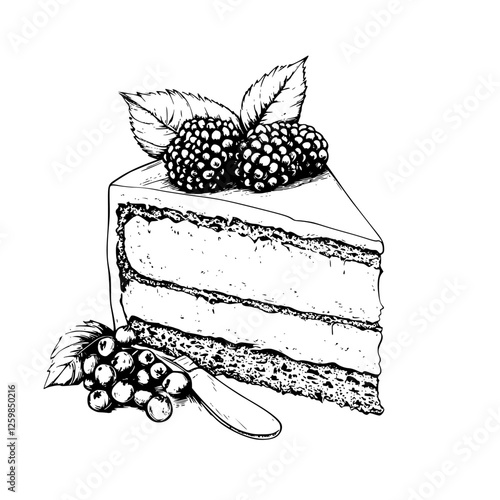 Delicious hand-drawn slice of cake with fresh berries and mint leaves on a white background showcasing dessert artistry