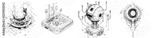 Vector illustration showcasing futuristic technology concepts with hand-drawn style details of advanced devices