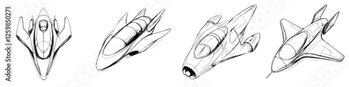 Hand-drawn vector illustration of futuristic aircraft designs showcasing various shapes and styles