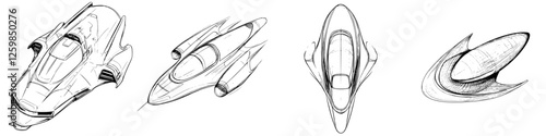 Vector illustration of futuristic vehicles in hand-drawn style showcasing innovative designs and concepts