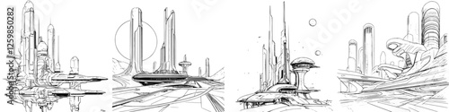 Futuristic cityscape featuring sleek towers and transportation hubs in a hand-drawn vector style