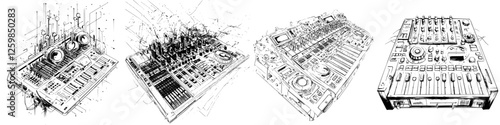 Vector hand-drawn illustration showcasing various music mixing boards in a creative and abstract style