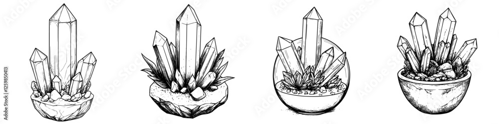 Obraz premium Elegant hand-drawn vector illustration of various crystal formations displayed in unique arrangements and containers