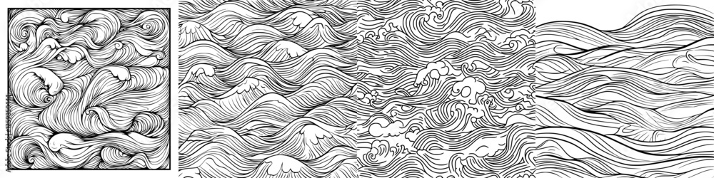 Fototapeta premium Vector illustration of dynamic wave patterns and swirling currents in a hand-drawn style showcasing nature's movement and energy