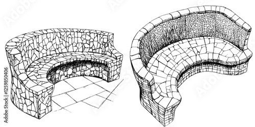 Unique hand-drawn vector illustration of decorative stone benches in an outdoor setting ideal for relaxation and leisure activities