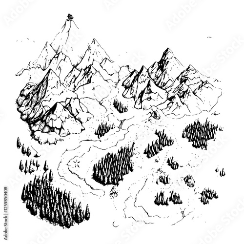 Hand-drawn vector illustration depicting a mountainous landscape with rivers and forests