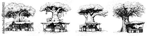 Hand drawn vector illustration of rustic market stalls under large trees in a serene outdoor setting