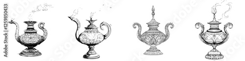 Elegant hand-drawn vector illustrations of decorative teapots with intricate designs and steam rising, showcasing artful craftsmanship