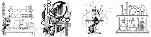Vector illustration of a hand-drawn laboratory setup featuring various scientific equipment and experiments in a creative arrangement