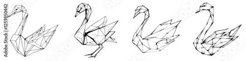 Geometric hand-drawn vector illustration of elegant swans in various poses on a white background