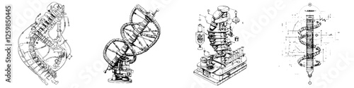 Vector illustration of intricate DNA helix designs showcasing creativity and scientific innovation in a hand-drawn style