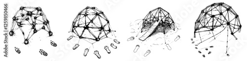 Vector illustration depicting hand-drawn geodesic domes and their transformation in an outdoor recreational setting
