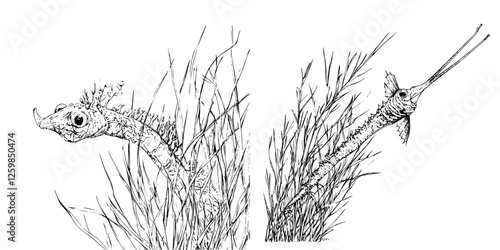 Vector illustration of a hand-drawn sea dragon and seahorse in aquatic grass