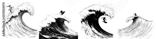 Fascinating hand-drawn vector illustration capturing surfers riding dynamic ocean waves