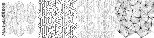 Intricate hand-drawn vector illustration showcasing abstract geometric patterns and interconnected shapes in monochromatic tones