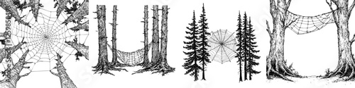 Intricate hand-drawn vector illustration of forest spider webs amidst tall trees and dense foliage in an enchanted woodland setting